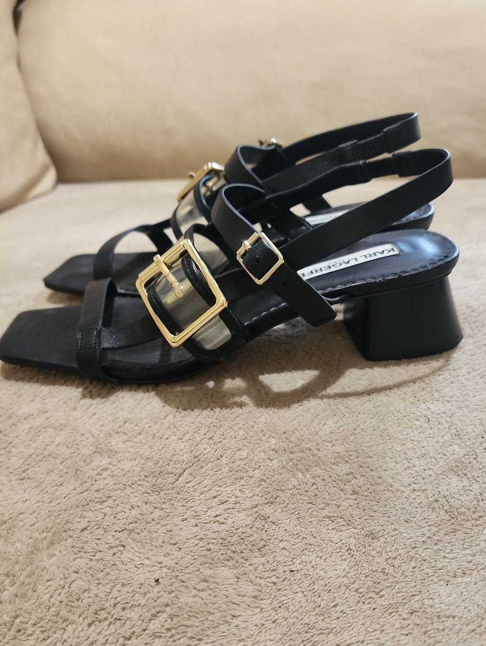 Like New Karl Lagerfeld Black Strappy Sandals with Gold Buckle